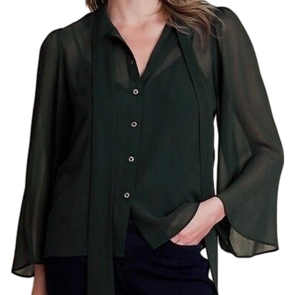 NWT Banana Republic Forest Green Sheer Blouse Bow/Tie